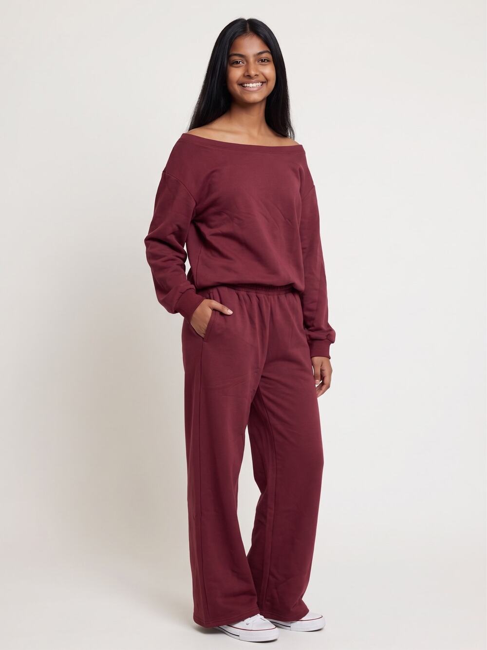 NWT Katch Me Burgundy Off-The-Shoulder Lounge Set Sweatshirt & Pants S/M